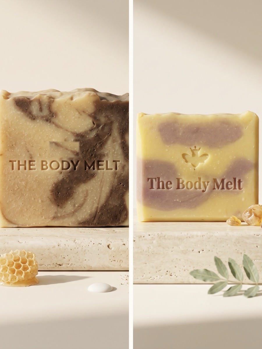 The Essential Pair — Rice Melt and Frankincense Melt soap bars